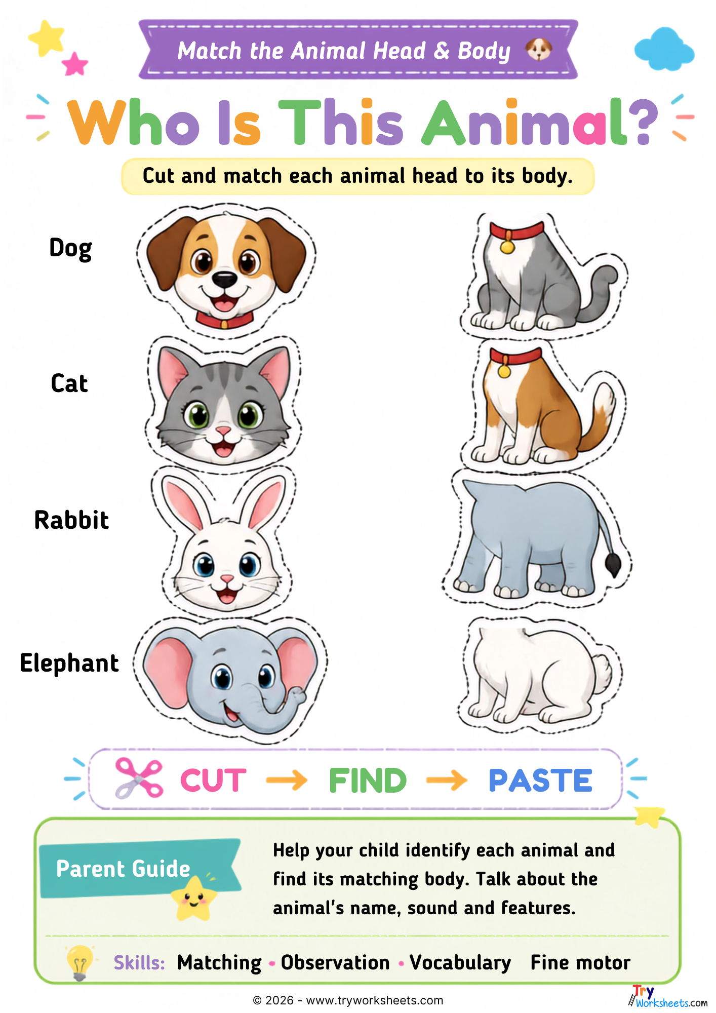Match the animal head to its body activity