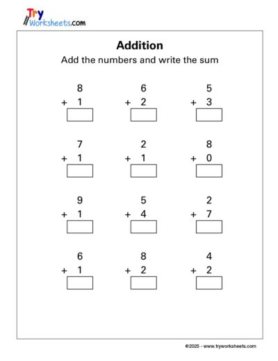 Math – Grade 1: Addition Worksheet | Add the Numbers & Write the Sum
