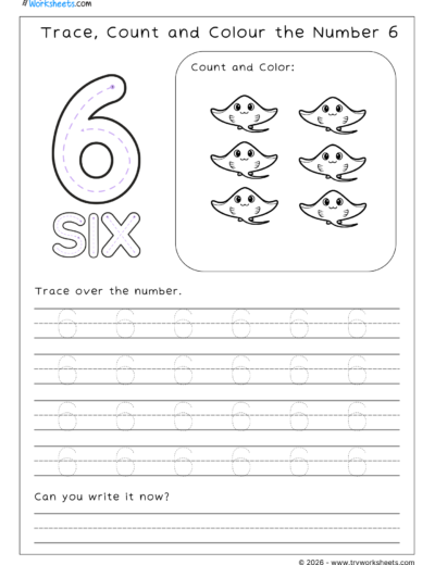 Math Kindergarten Worksheet – Trace, Count and Colour the Number 6