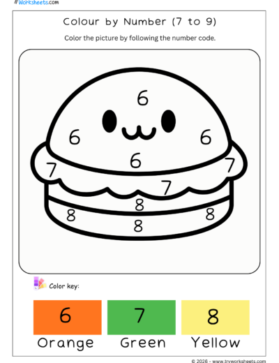 Math Kindergarten Worksheet – Colour by Number (7 to 9)