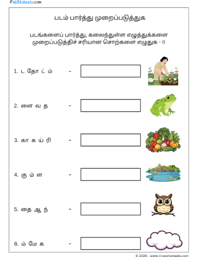 Tamil Unscramble Words Worksheet 2 – படம் பார்த்து கலைந்துள்ள எழுத்துகளை முறைப்படுத்துக