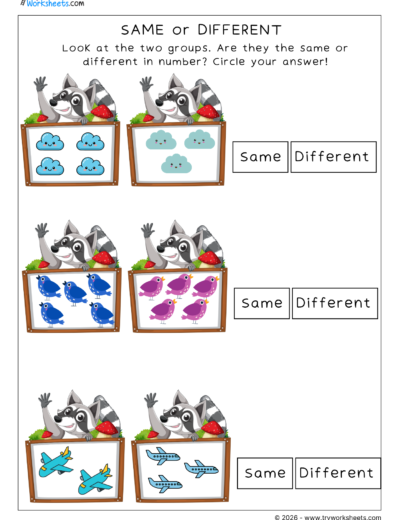 Same or Different Worksheets for Lower Kindergarten -B