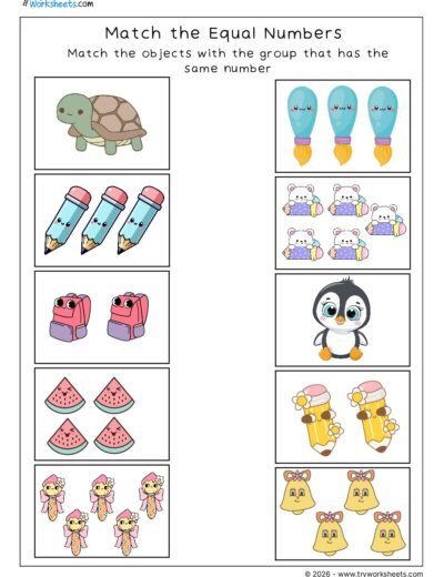 Match the Equal Numbers Worksheets for Lower Kindergarten