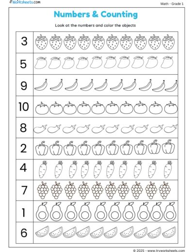 Look at the Numbers and Color the Objects
