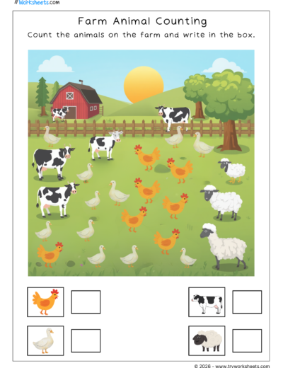 Counting Numbers Worksheets for Kids | Farm Animal Counting
