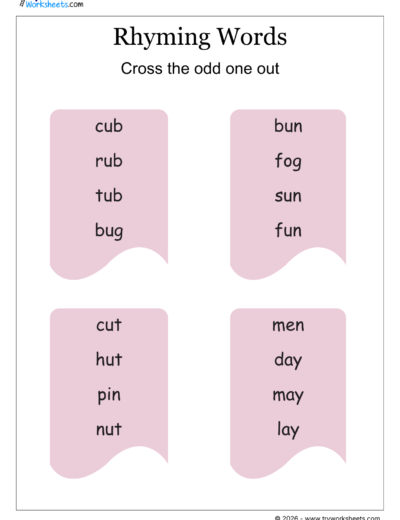 Rhyming Words – Cross the Odd One Out | Phonics Worksheet – 6