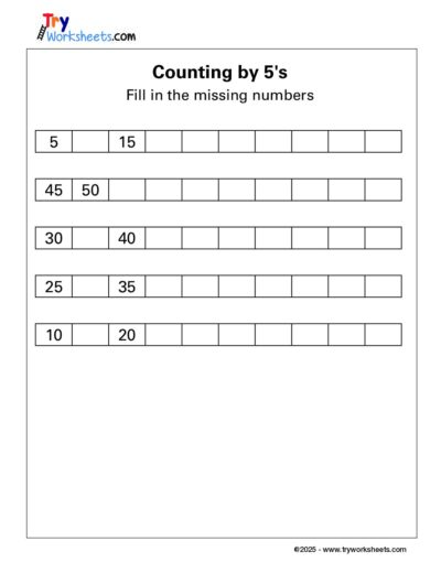 Math – Grade 1: Counting by 5’s Worksheet | Fill in the Missing Numbers