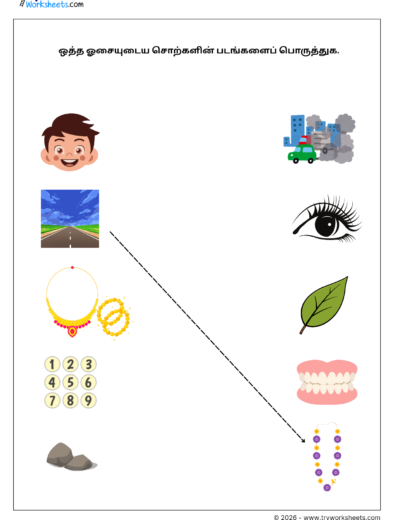 Tamil Grade 1 Worksheet – Match the Rhyming Words (ஒத்த ஓசையுடைய சொற்கள்)