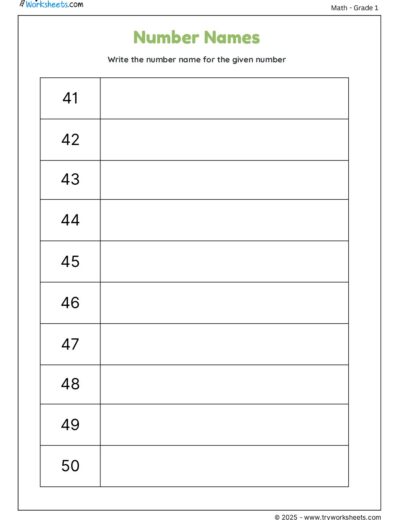Write the Number Name for the Given Number (41 to 50)