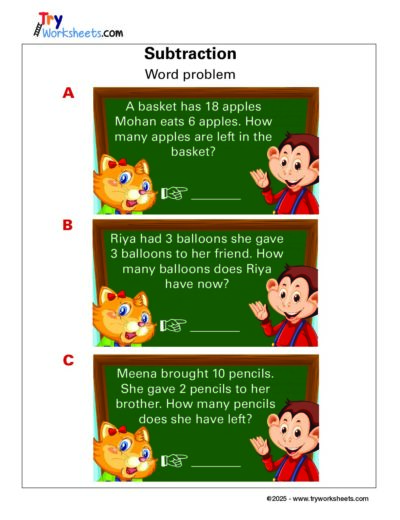 Math Grade 1 – Subtraction Word Problem Worksheets for Kids