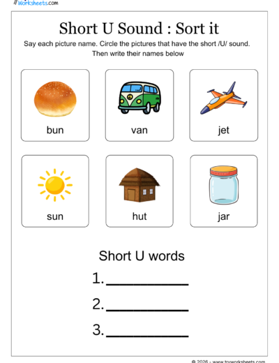 Short Vowel Sounds Worksheets – Short -U