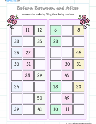 Before, After & Between Numbers Worksheets for UKG