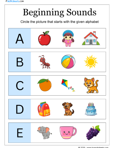 English Kindergarten Beginning Sounds Worksheets