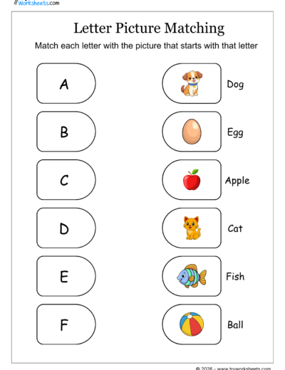 Letter and Picture Matching Worksheets | Phonics Activity for Kids-A