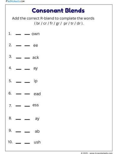 Consonant Blends Worksheet – Add the Correct R-Blend (br, cr, fr, gr, pr, tr, dr)
