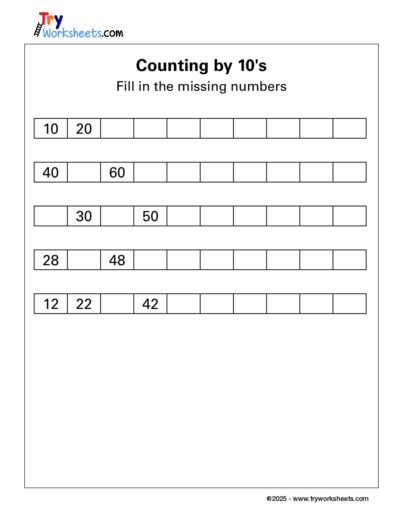 Math – Grade 1: Counting by 10’s Worksheet | Fill in the Missing Numbers