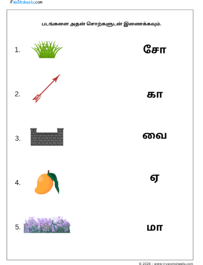 Tamil Grade 1 Worksheet – Match the One Letter Words with Pictures | ஒரு எழுத்து சொற்கள்