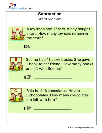 Math Grade 1 – Subtraction Word Problem Worksheets for Kids