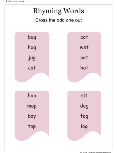 Rhyming Words – Cross the Odd One Out | Phonics Worksheet – 4