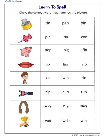 Grade 1 English Worksheet – Learn to Spell with Pictures