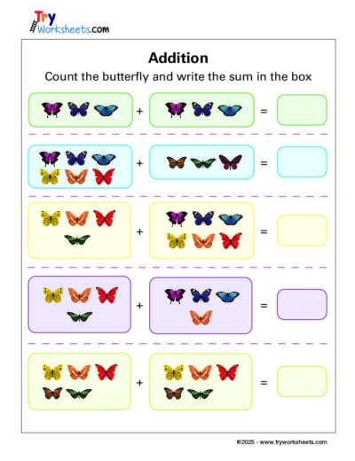 Addition Worksheet for Grade 1 – Count the Butterflies and Write the Sum