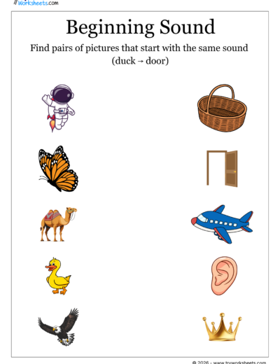 LKG Phonics Worksheet –Match the Pictures with the Same Beginning Sound- 1