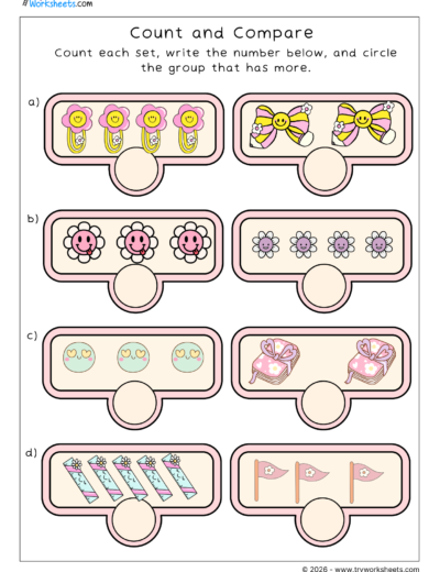 Count and Compare Worksheets for Lower Kindergarten