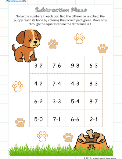 UKG Math Subtraction Worksheets-Subtraction Maze