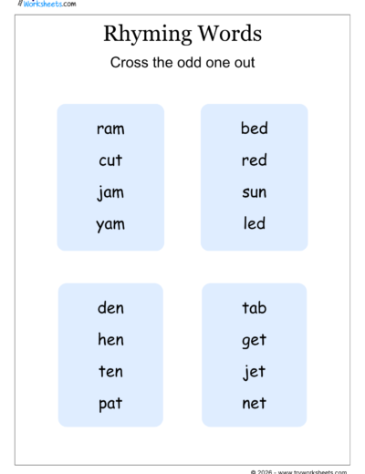 Rhyming Words – Cross the Odd One Out | Phonics Worksheet – 2