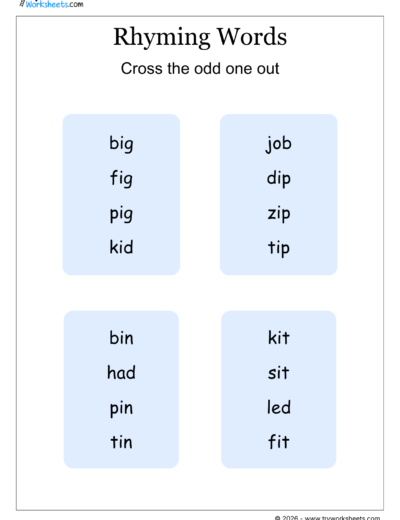 Rhyming Words – Cross the Odd One Out | Phonics Worksheet – 3