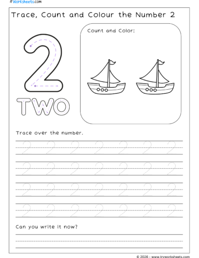 Math Kindergarten Worksheet – Trace, Count and Colour the Number 2