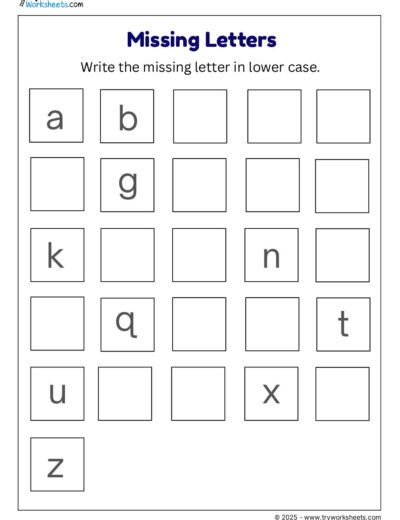 Missing Letters Worksheets – Write the Missing Letter in Lowercase