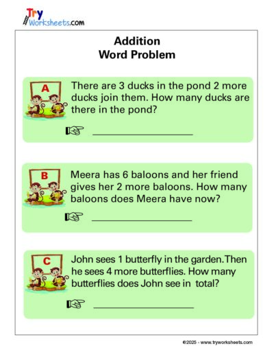 Math Grade 1 – Addition Word Problem Worksheets for Kids