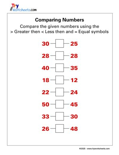 Math – Grade 1: Comparing Numbers Worksheet | Greater, Less, Equal