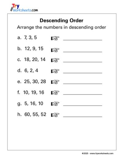 Math – Grade 1: Descending Order Worksheet | Arrange Numbers