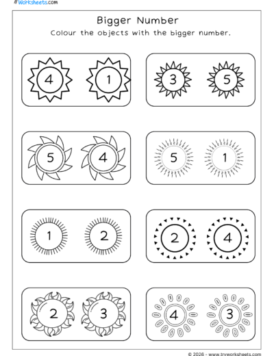 Colour the objects with the bigger number.