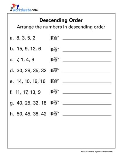Math – Grade 1: Descending Order Worksheet | Arrange Numbers