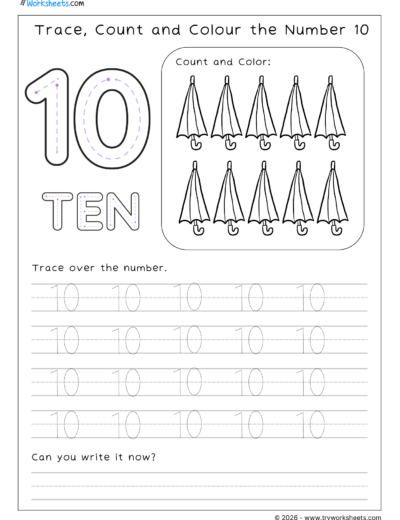 Math Kindergarten Worksheet – Trace, Count and Colour the Number 10