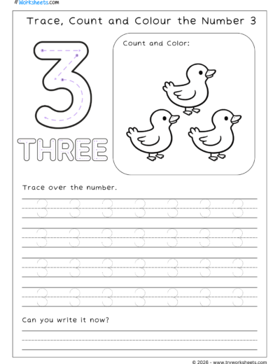 Math Kindergarten Worksheet – Trace, Count and Colour the Number 3