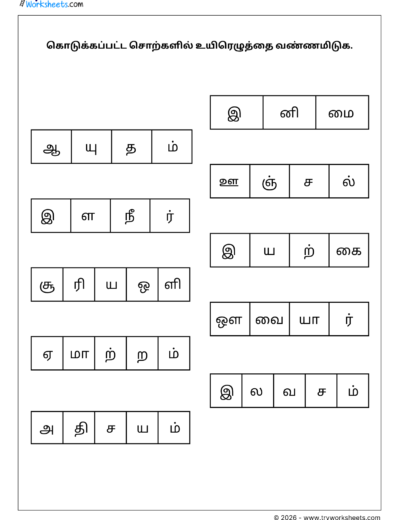 Tamil Uyir Eluthukkal Worksheet  – Identify the vowels in the given words