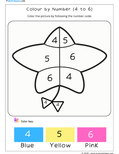 Math Kindergarten Worksheet – Colour by Number (4 to 6) – Kite