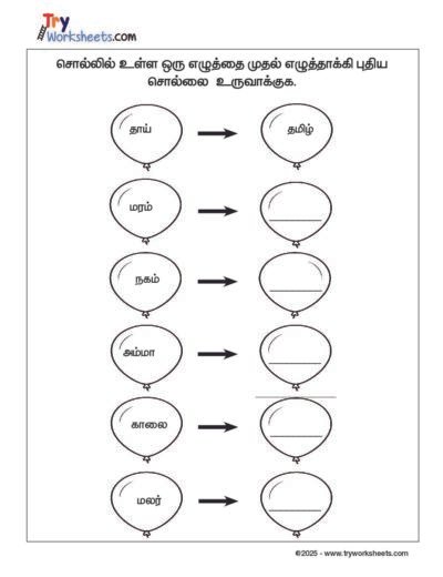 Tamil – Grade 2 Worksheet – Puthiya Sol Uruvaku (Word Formation)