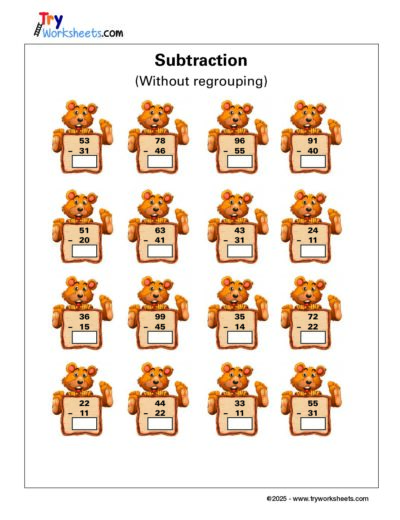 Subtraction Worksheet (Without Regrouping) for Grade 1