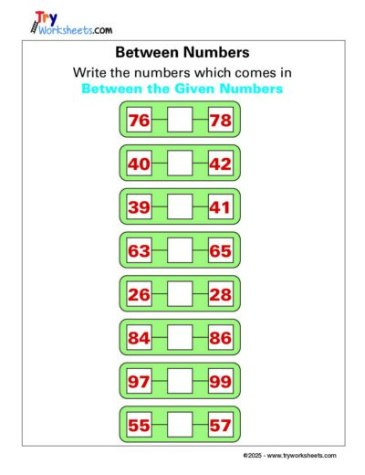 Math – Grade 1: Between Numbers Worksheet | Fill in the Missing Numbers