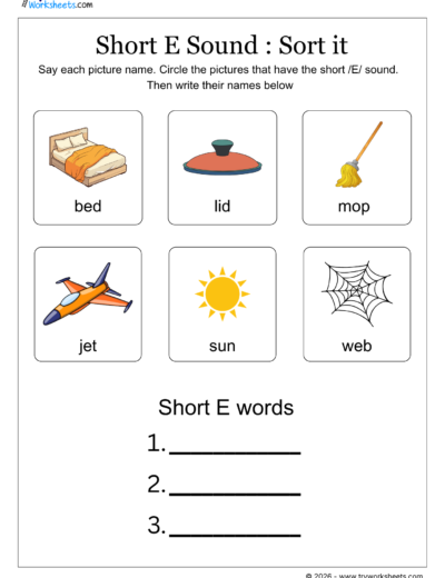Short Vowel Sounds Worksheets-Short E