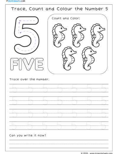 Math Kindergarten Worksheet – Trace, Count and Colour the Number 5