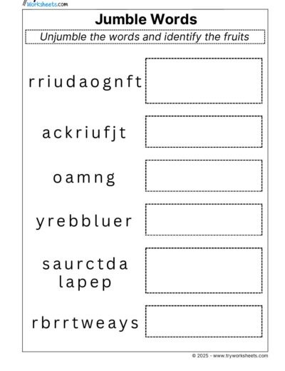Science Grade 3 Worksheets -Jumble words Fruits