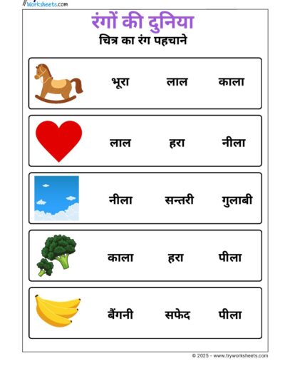 Hindi UKG Worksheet  – Recognize the color of the picture