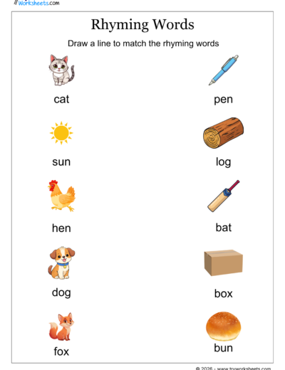 Rhyming Words Matching Worksheet for Kids | Phonics Activity