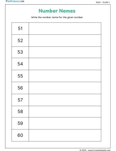 Write the Number Name for the Given Number (51 to 60)